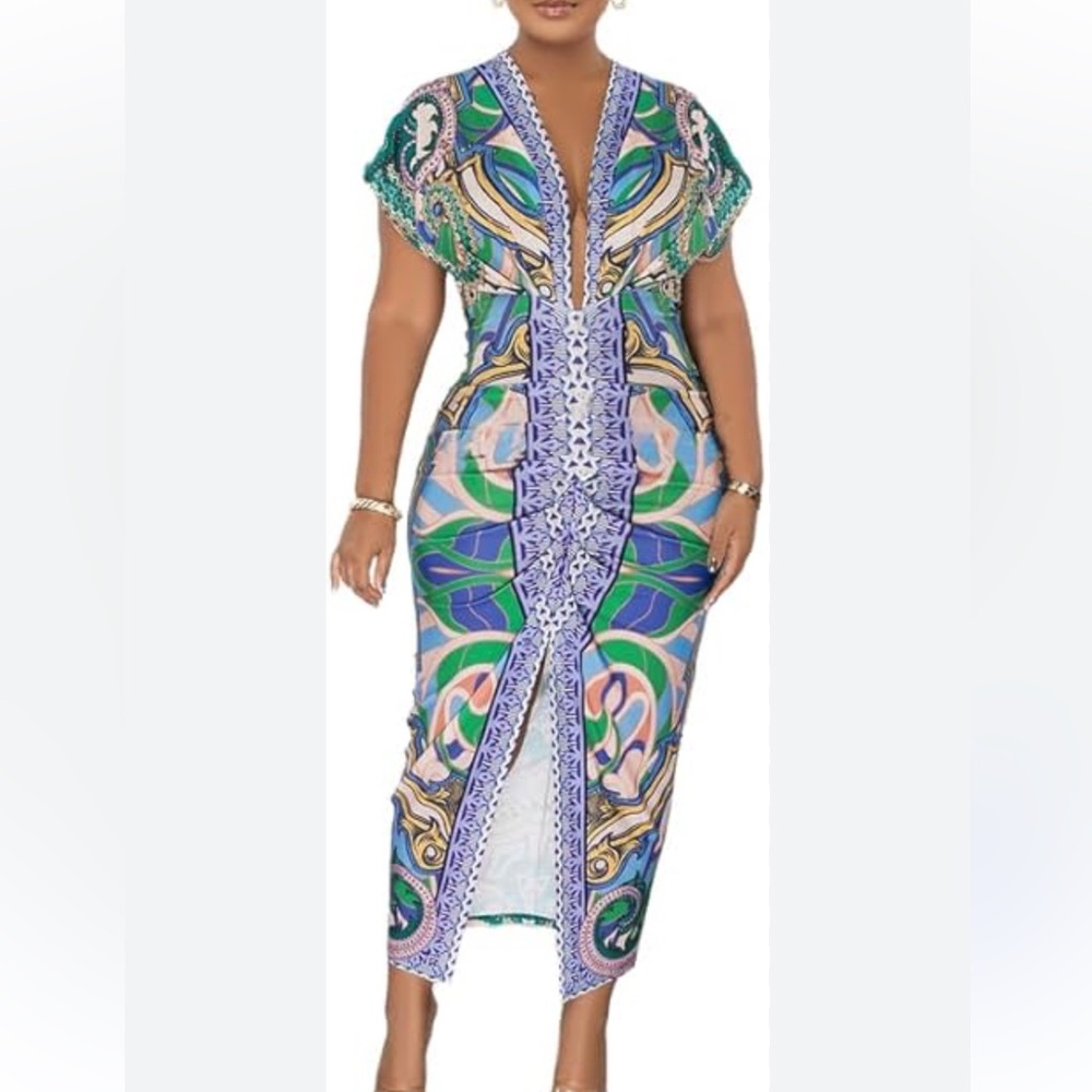 Elegant Green and Blue Midi Dress